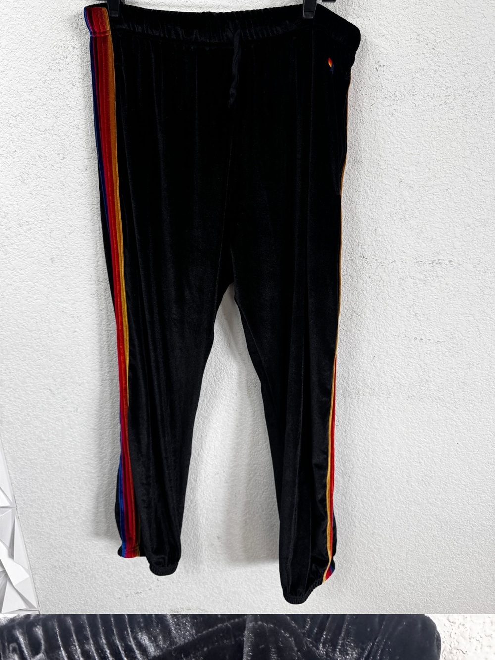 NWOT Aviator Nation Black Velvet Track Pants with Rainbow Side Stripes Size XL - Picture 2 of 4